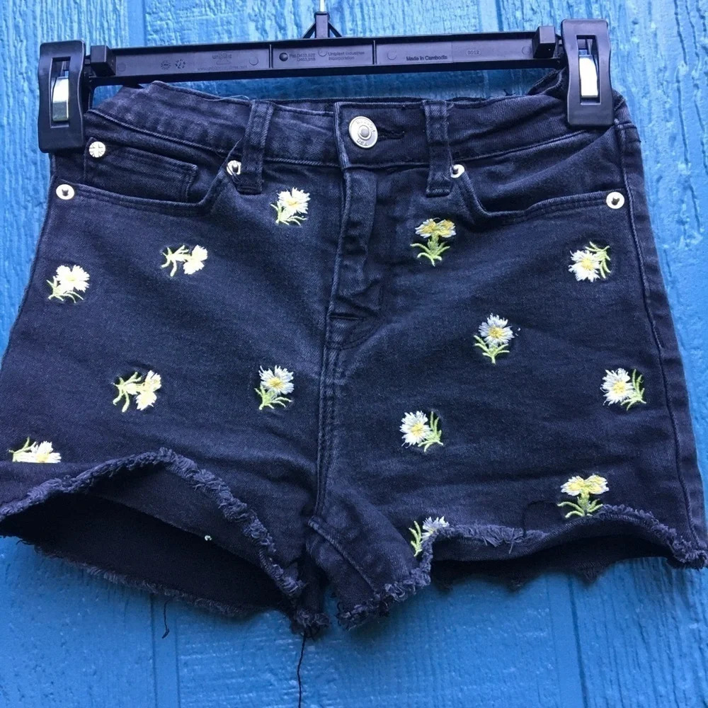 Hudson Jeans Girls Floral Black Denim Shorts Daisies Summer Ruffle 10 Cutoffs